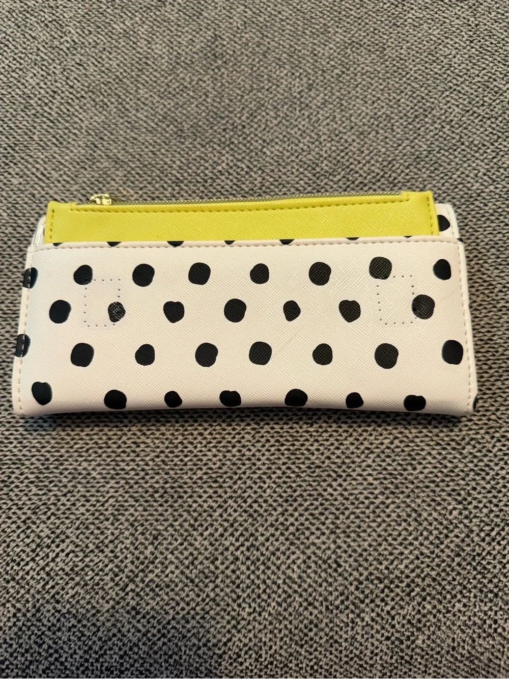 Betsey Johnson Cream Wallet Black Polka Dots and Gold Plated Neon Green Plaque